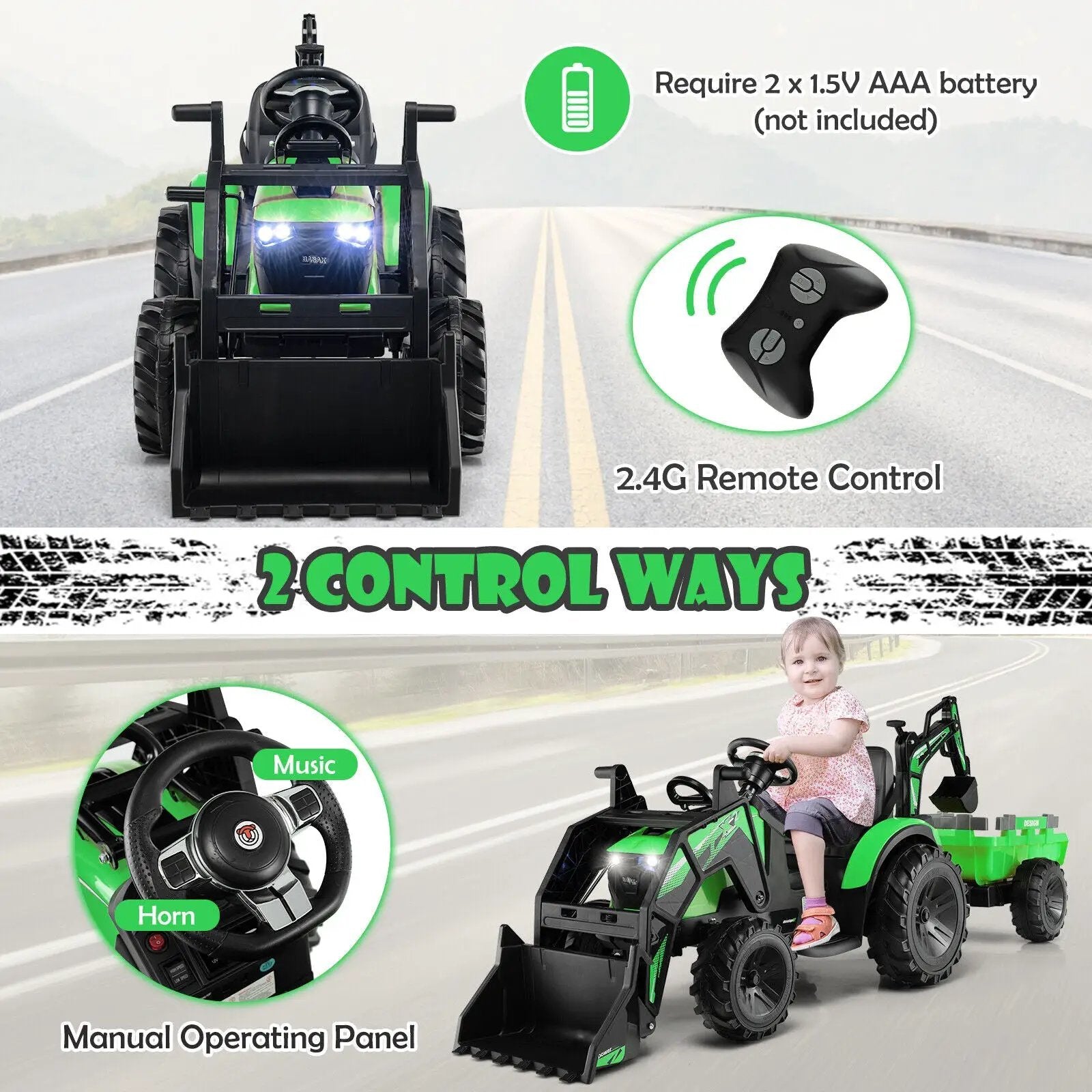 12V 3 in 1 Kids Ride On Excavator with Shovel Bucket and Music by DirectDeals
