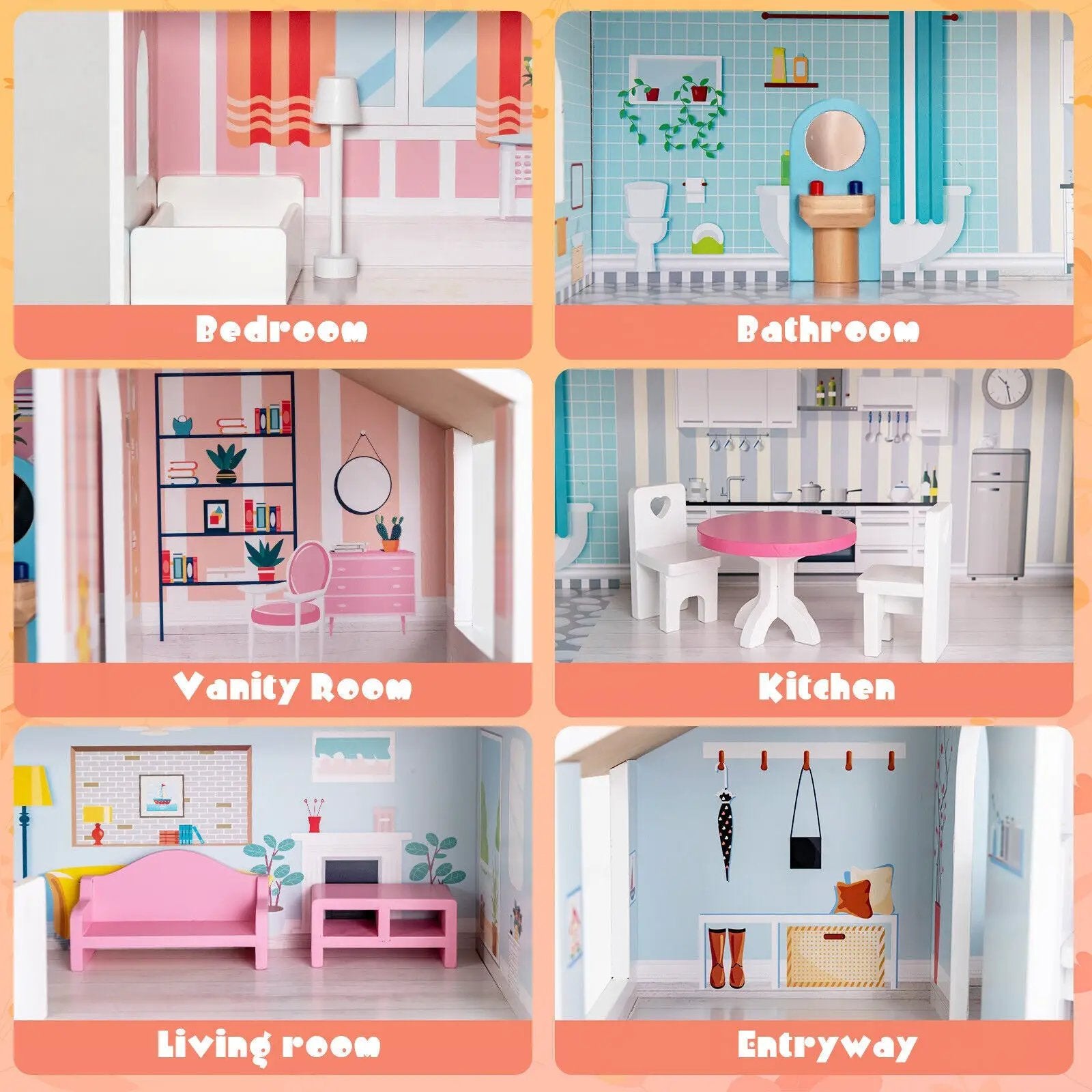3-Tier Toddler Doll House with Furniture Gift for Age over 3 by DirectDeals