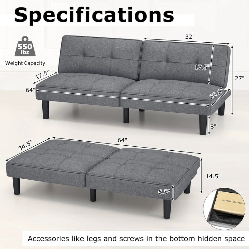 Convertible Folding Futon Sofa Bed with 6-Position Adjustable Backrest-Gray by DirectDeals