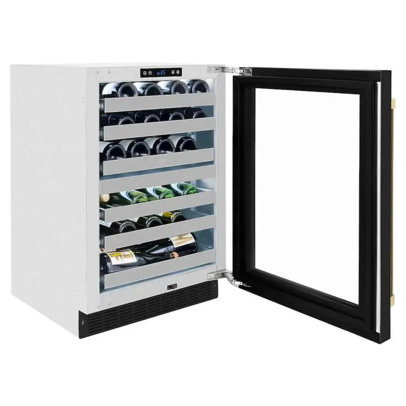 ZLINE 24" Touchstone Dual Zone 44 Bottle Wine Cooler Black Matte Glass Door Champagne Bronze Handle RWDOZ-BLM-24-CB by Farmhouse Kitchen and Bath