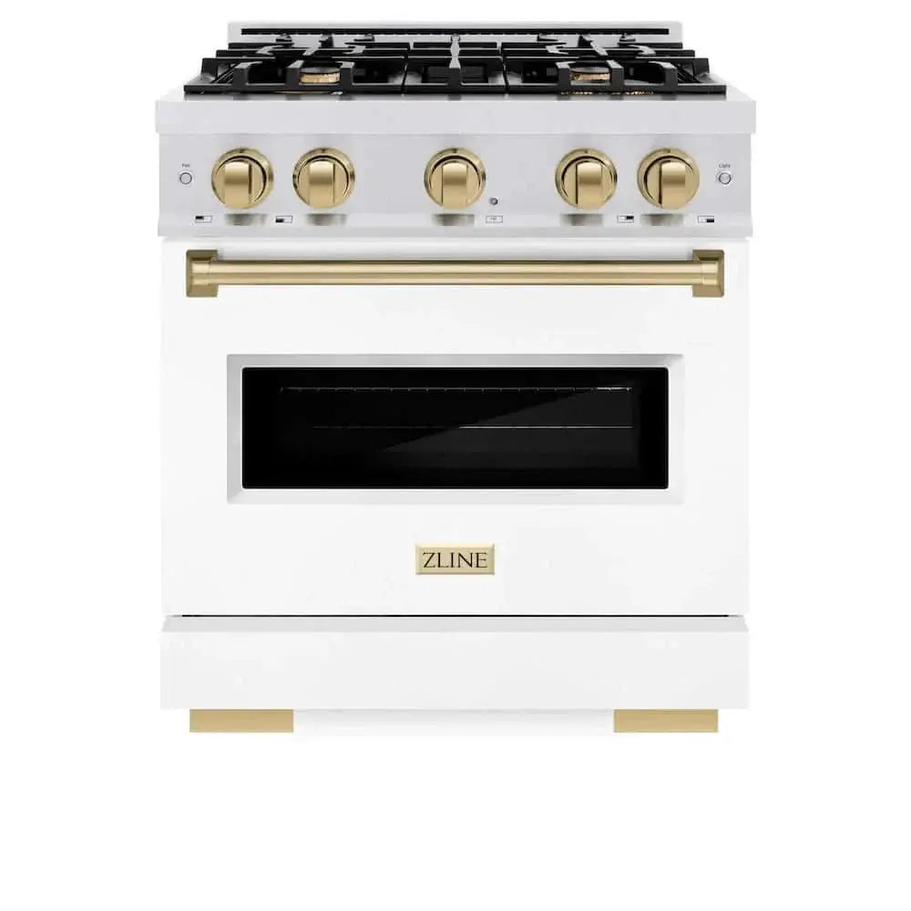 ZLINE 30" Dual Fuel Range, Gas Cooktop, Electric Convection Oven DuraSnow® Stainless Steel, White Matte Door, Champagne Bronze CDRSZ-WM-30-CB by Farmhouse Kitchen and Bath