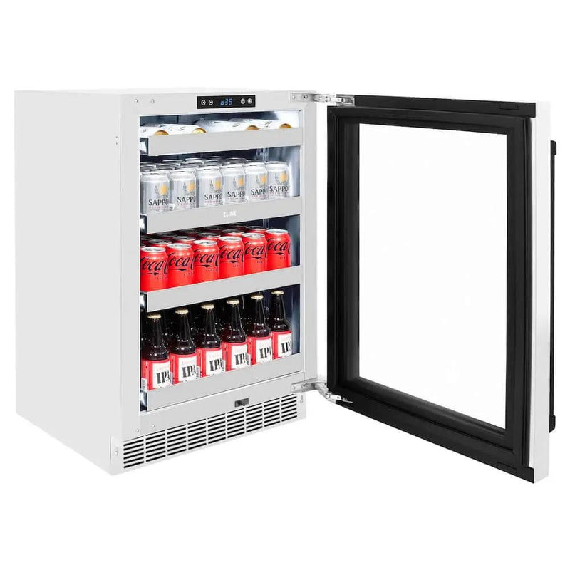 ZLINE 24" Touchstone 151 Can Beverage Fridge White Matte Glass Door Matte Black Handle RBSOZ-WM-24-MB by Farmhouse Kitchen and Bath