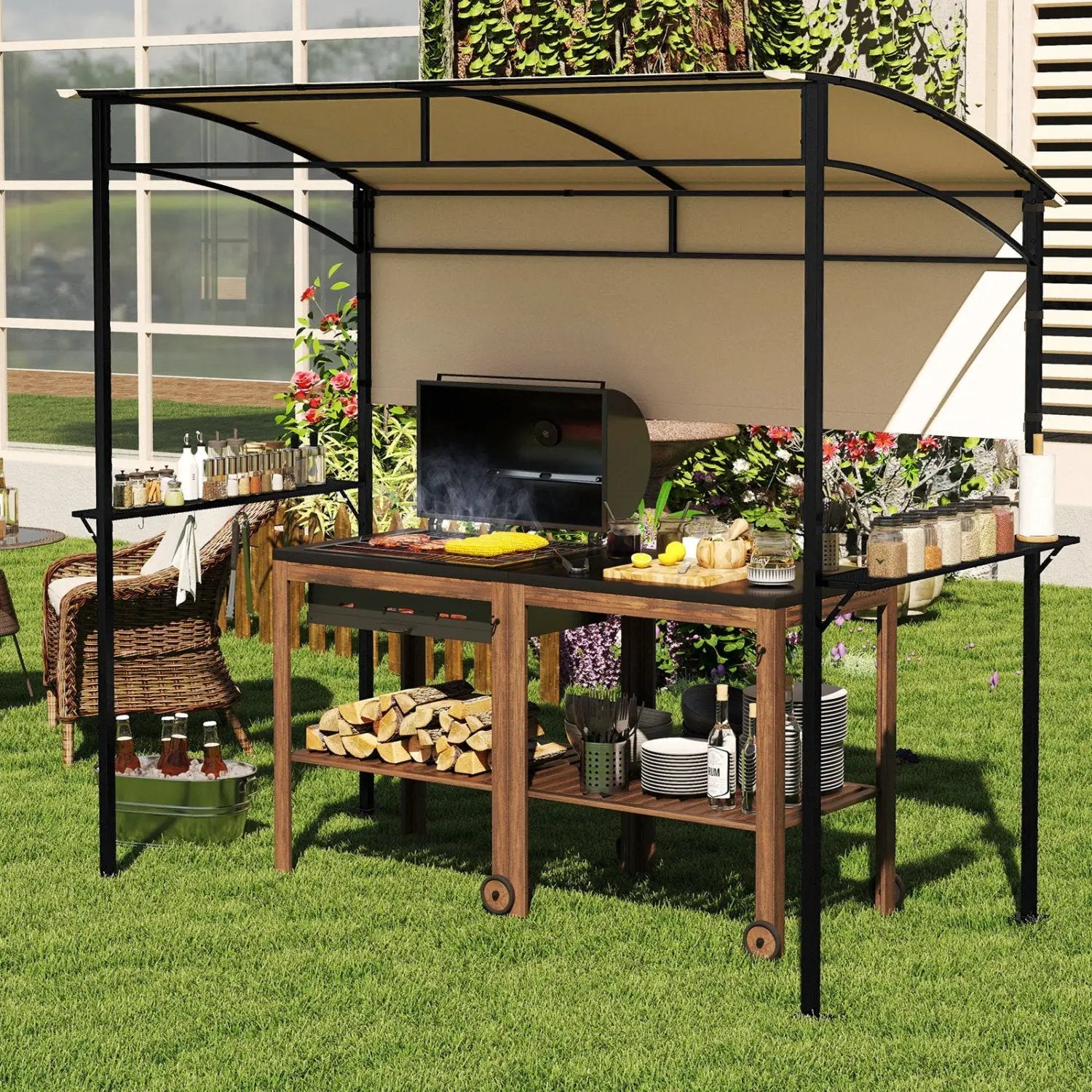 BBQ Grill Canopy 7.8 x 4.4 FT with Shelves and Sidewall by DirectDeals