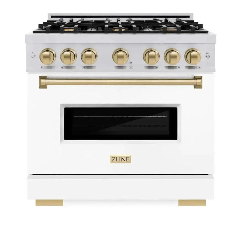 ZLINE 36" Dual Fuel Range, Gas Cooktop, Electric Convection Oven Stainless Steel, Matte White Door Champagne Bronze CDRZ-WM-36-CB by Farmhouse Kitchen and Bath