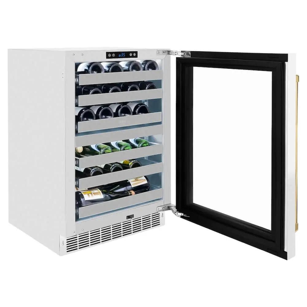 ZLINE 24" Touchstone Dual Zone 44 Bottle Wine Cooler White Matte Glass Door Polished Gold Handle RWDOZ-WM-24-G by Farmhouse Kitchen and Bath
