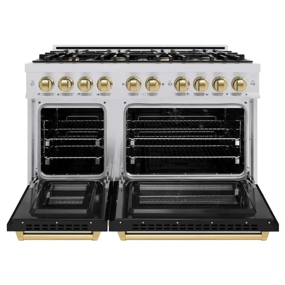 ZLINE 48" Select Gas Range Convection Gas Oven Stainless Steel Black Matte Doors Champagne Bronze HGRZ-BLM-48-CB by Farmhouse Kitchen and Bath