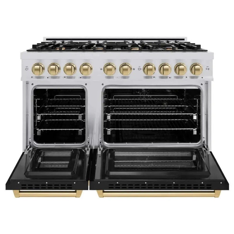 ZLINE 48" Select Gas Range Convection Gas Oven Stainless Steel Black Matte Doors Champagne Bronze HGRZ-BLM-48-CB by Farmhouse Kitchen and Bath