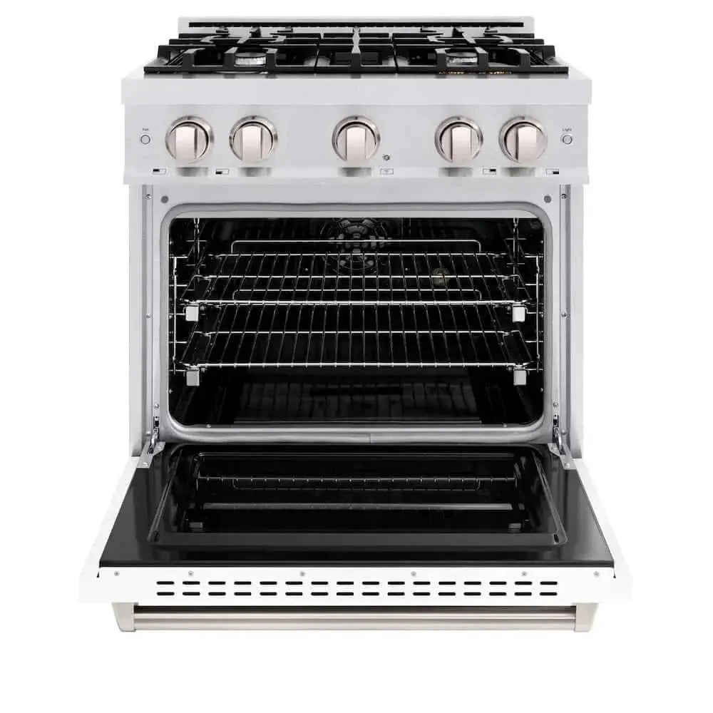 ZLINE 30" Dual Fuel Range, Gas Cooktop, Electric Convection Oven DuraSnow® Stainless Steel, White Matte Door CDRS-WM-30 by Farmhouse Kitchen and Bath