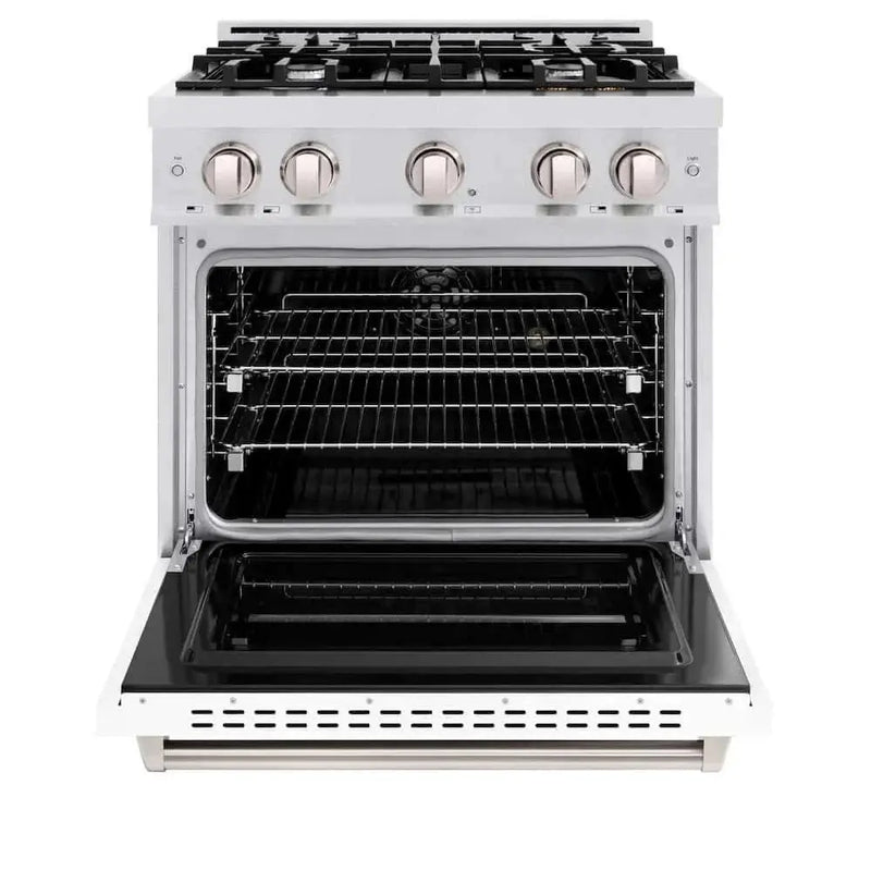 ZLINE 30" Dual Fuel Range, Gas Cooktop, Electric Convection Oven DuraSnow® Stainless Steel, White Matte Door CDRS-WM-30 by Farmhouse Kitchen and Bath
