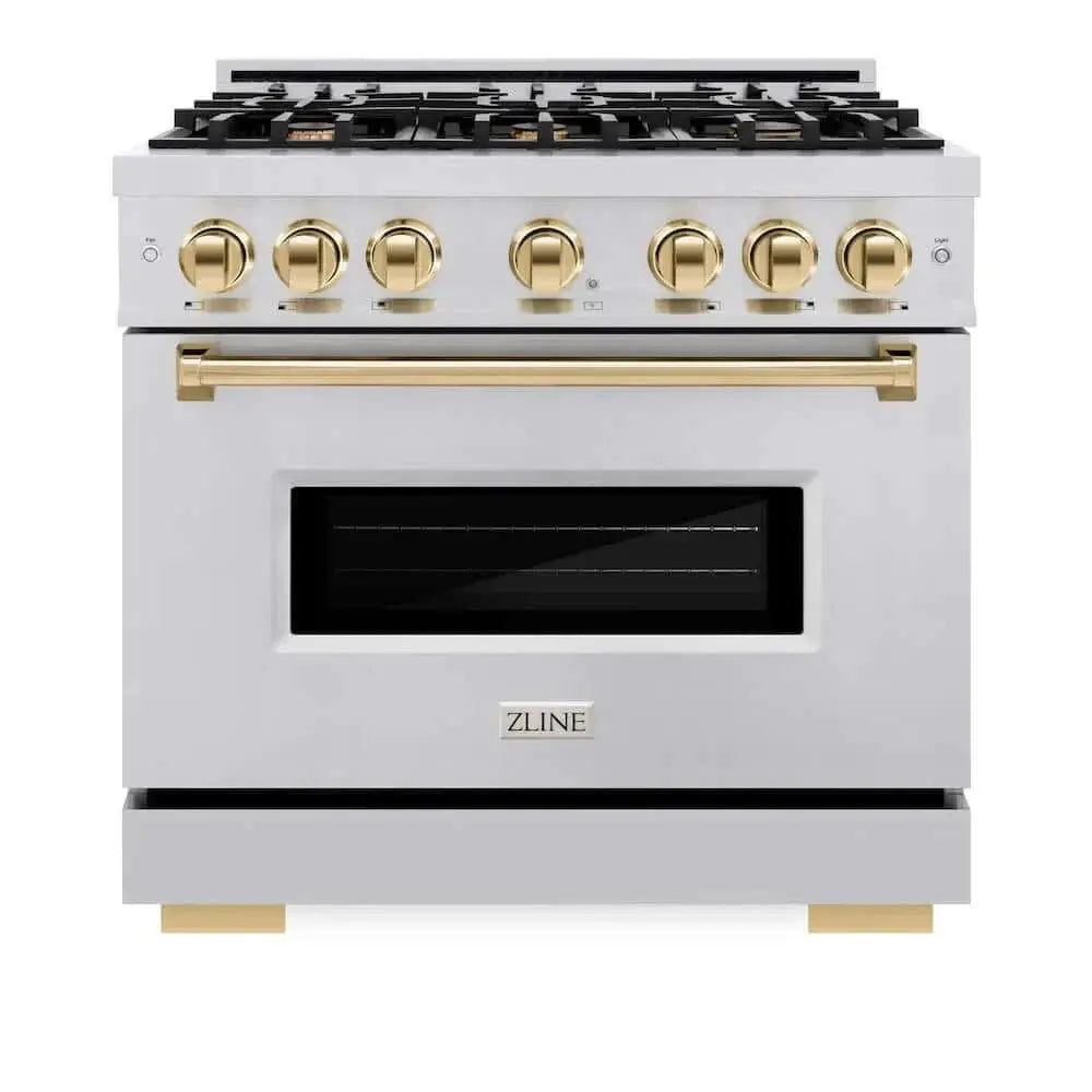 ZLINE 36" Dual Fuel Range, Gas Cooktop, Electric Convection Oven Stainless Steel, Gold CDRZ-36-G by Farmhouse Kitchen and Bath