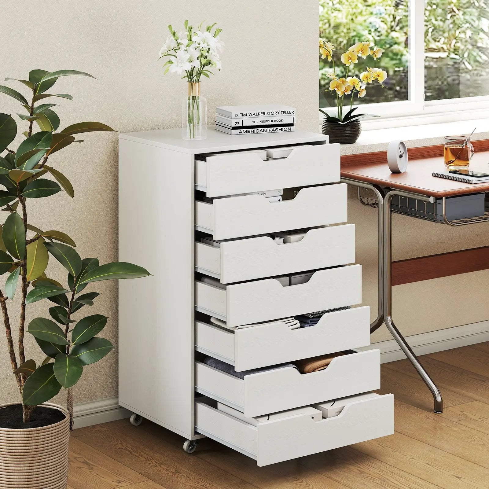 7-Drawer Chest Wooden Storage Dresser with Lockable Wheels by DirectDeals