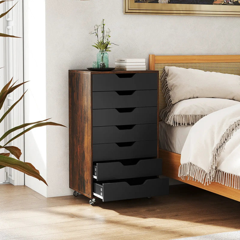 7-Drawer Chest Wooden Storage Dresser with Lockable Wheels by DirectDeals