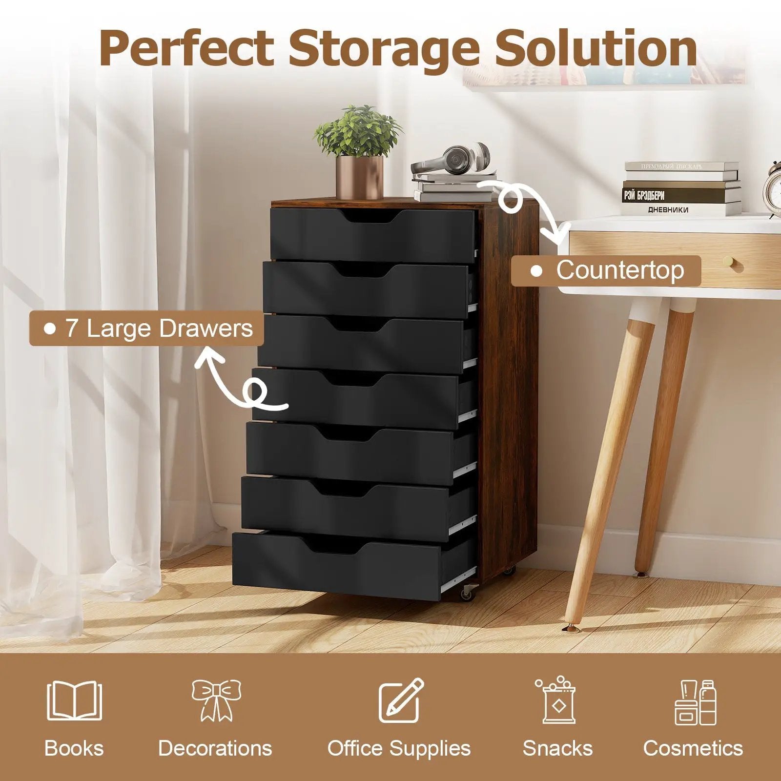 7-Drawer Chest Wooden Storage Dresser with Lockable Wheels by DirectDeals