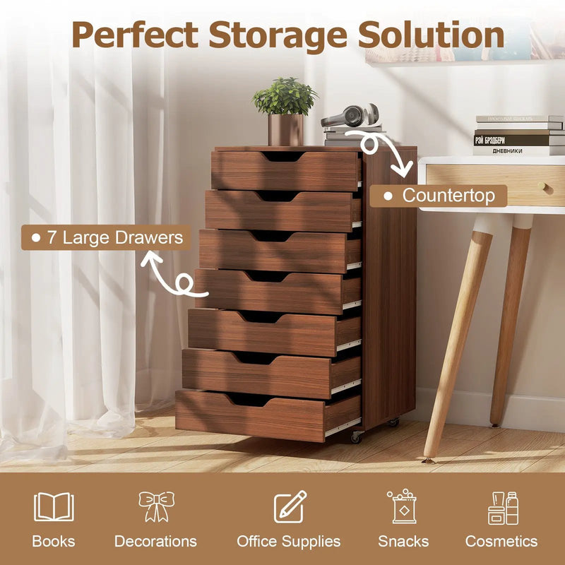 7-Drawer Chest Wooden Storage Dresser with Lockable Wheels by DirectDeals