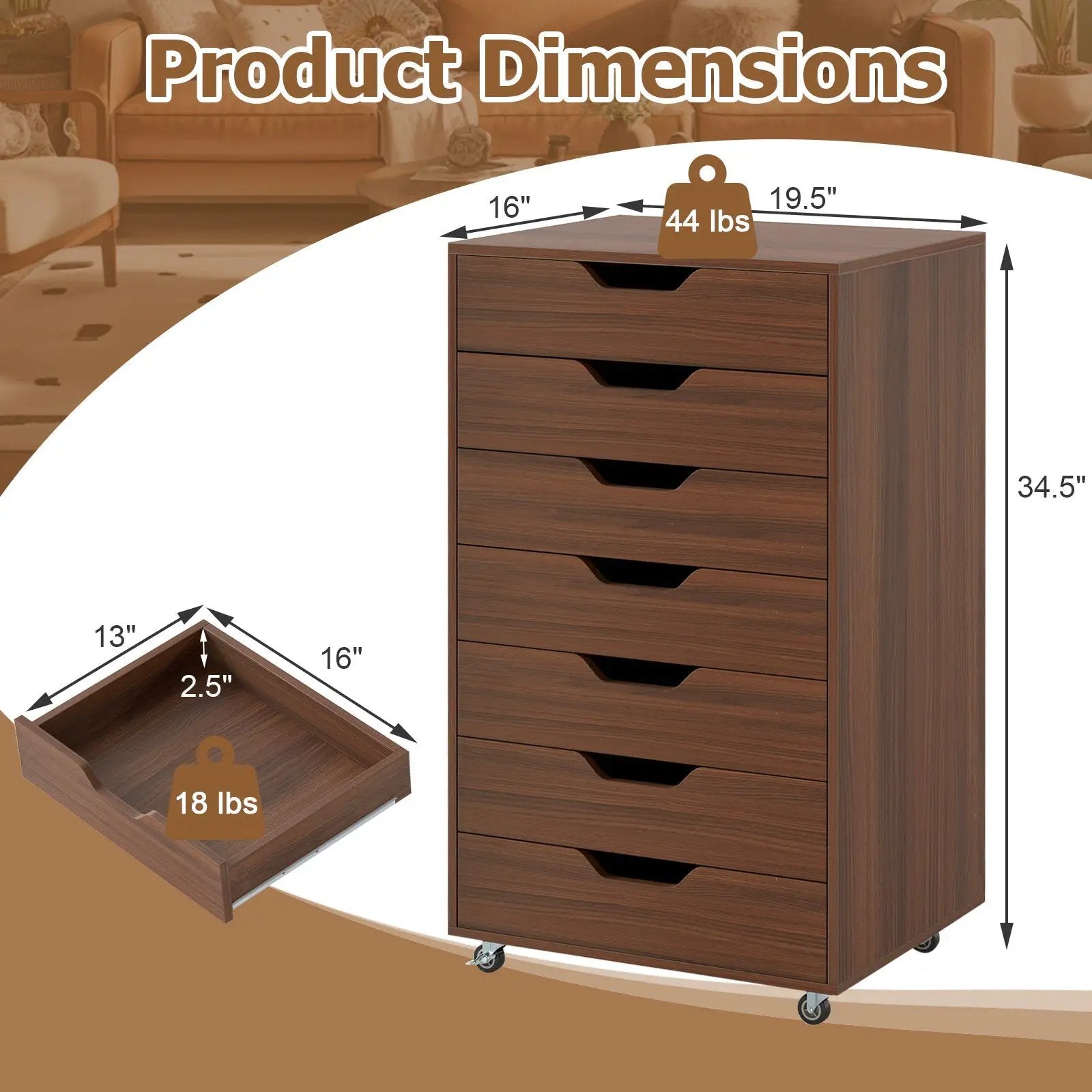 7-Drawer Chest Wooden Storage Dresser with Lockable Wheels by DirectDeals