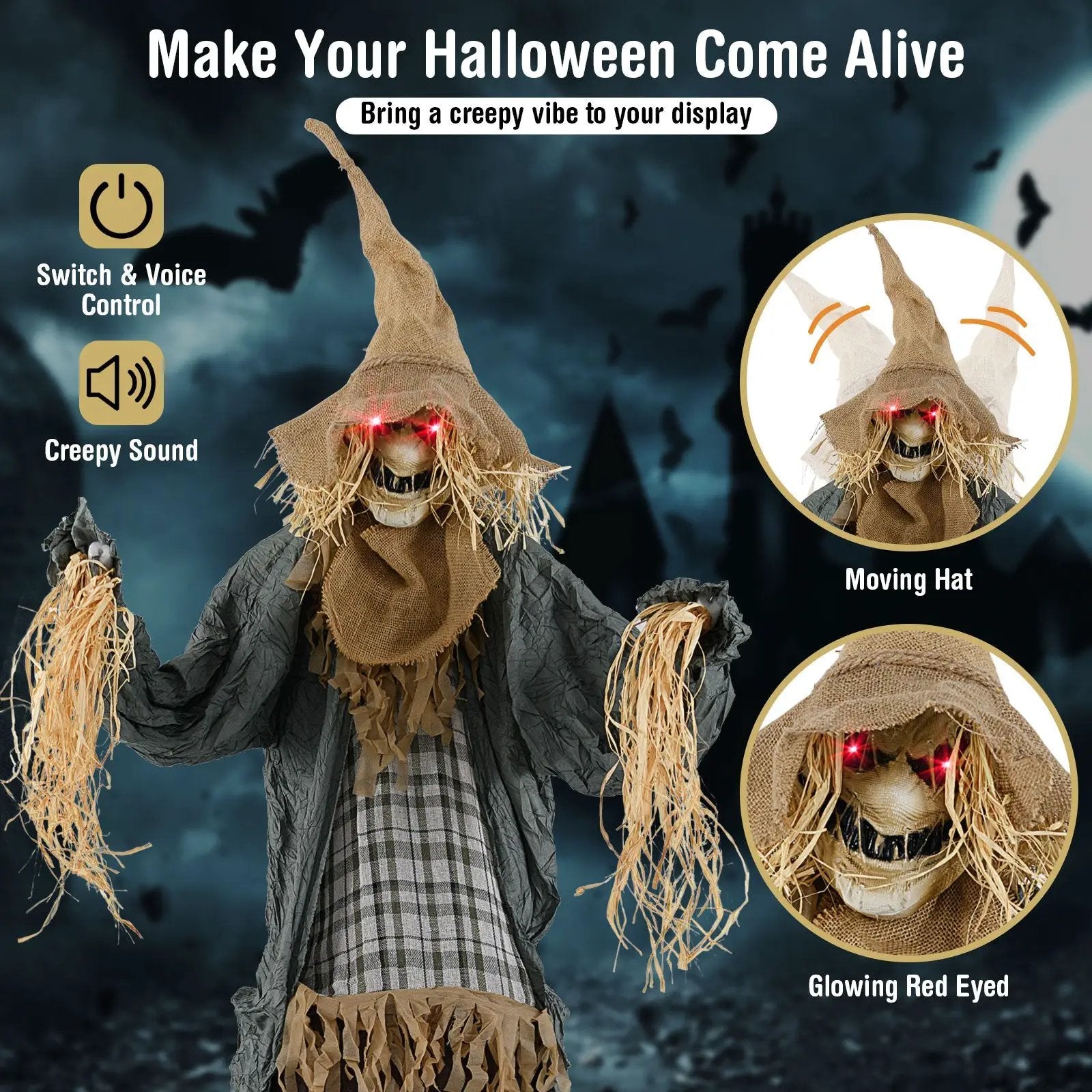 7 FT Halloween Decoration Animated Standing Scary Scarecrow with Light-up Eyes for Hunted Houses by DirectDeals
