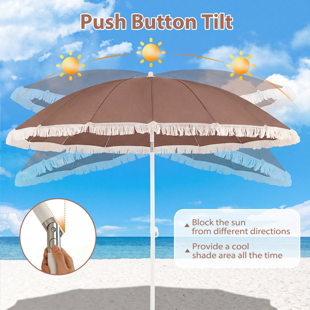 7 FT Patio Umbrella with Fringe Boho Tassel Umbrella for Outdoor Beach Garden Poolside, photo 15 of 16