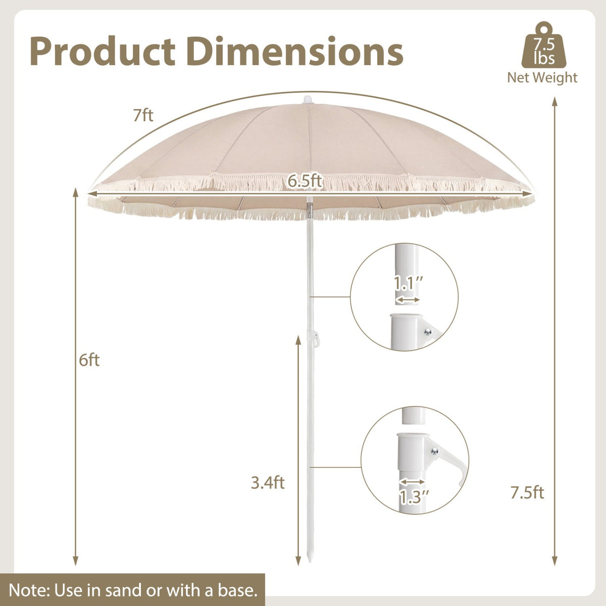 7 FT Patio Umbrella with Fringe Boho Tassel Umbrella for Outdoor Beach Garden Poolside, photo 5 of 16