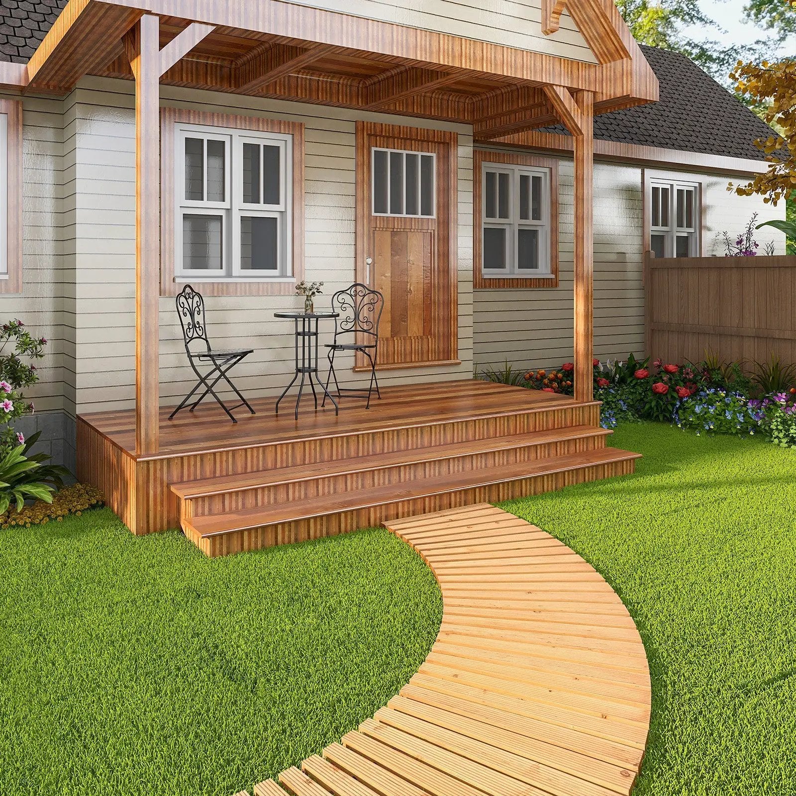 7 FT Wooden Garden Pathway Roll Out Curved Fir Wood Walkway with Anti-slip Surface-Natural by DirectDeals