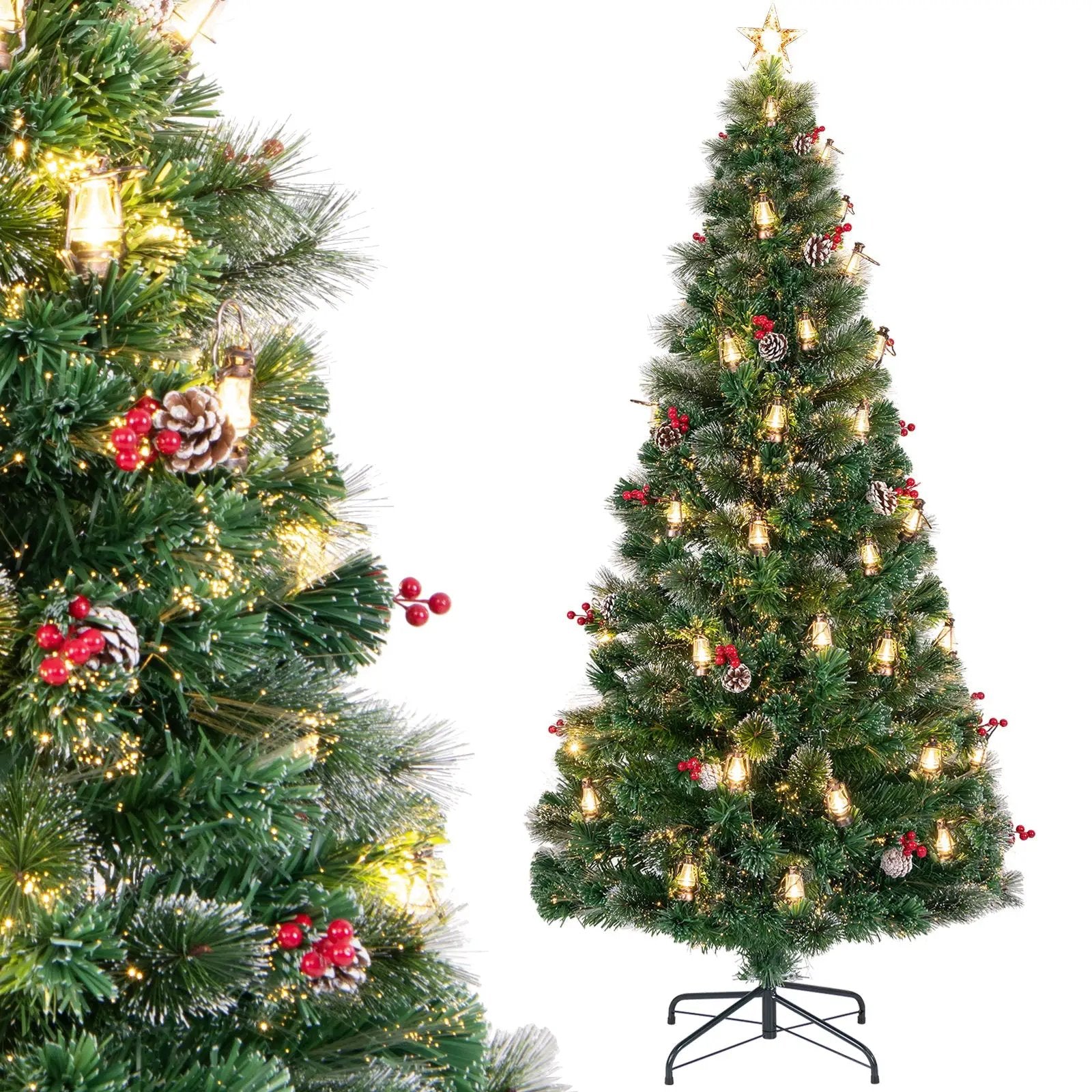 5/6/7 Feet Artificial Christmas Tree with Red Berries and Kerosene Lamps by DirectDeals