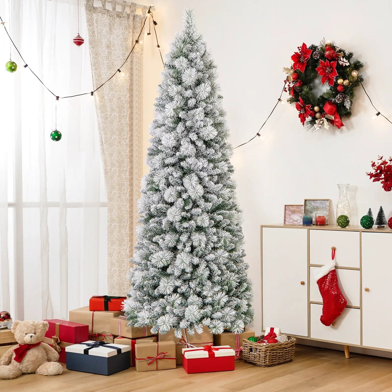 7 Feet Flocked Christmas Tree with Pine Needles and LED Lights by DirectDeals