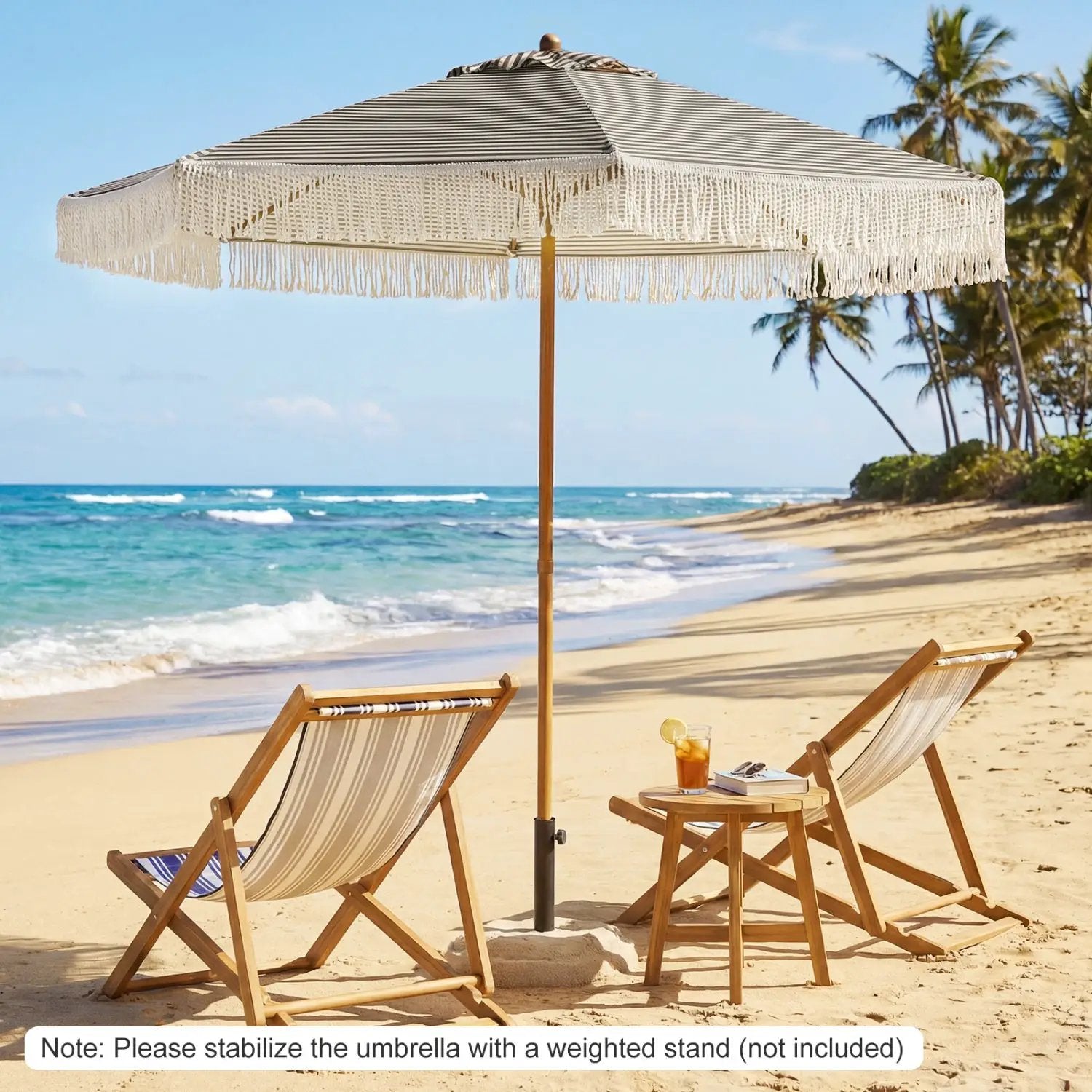 7 Feet Patio Umbrella with Fringe Sun-Protective Beach Umbrella with Boho Tassel by DirectDeals