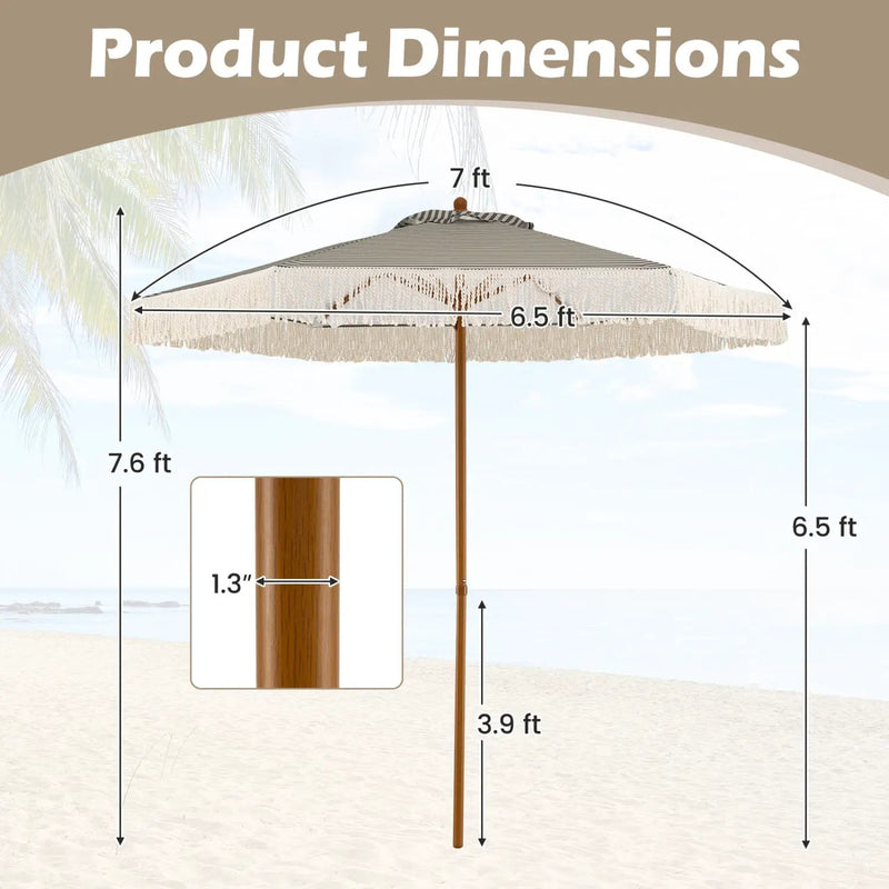 7 Feet Patio Umbrella with Fringe Sun-Protective Beach Umbrella with Boho Tassel by DirectDeals