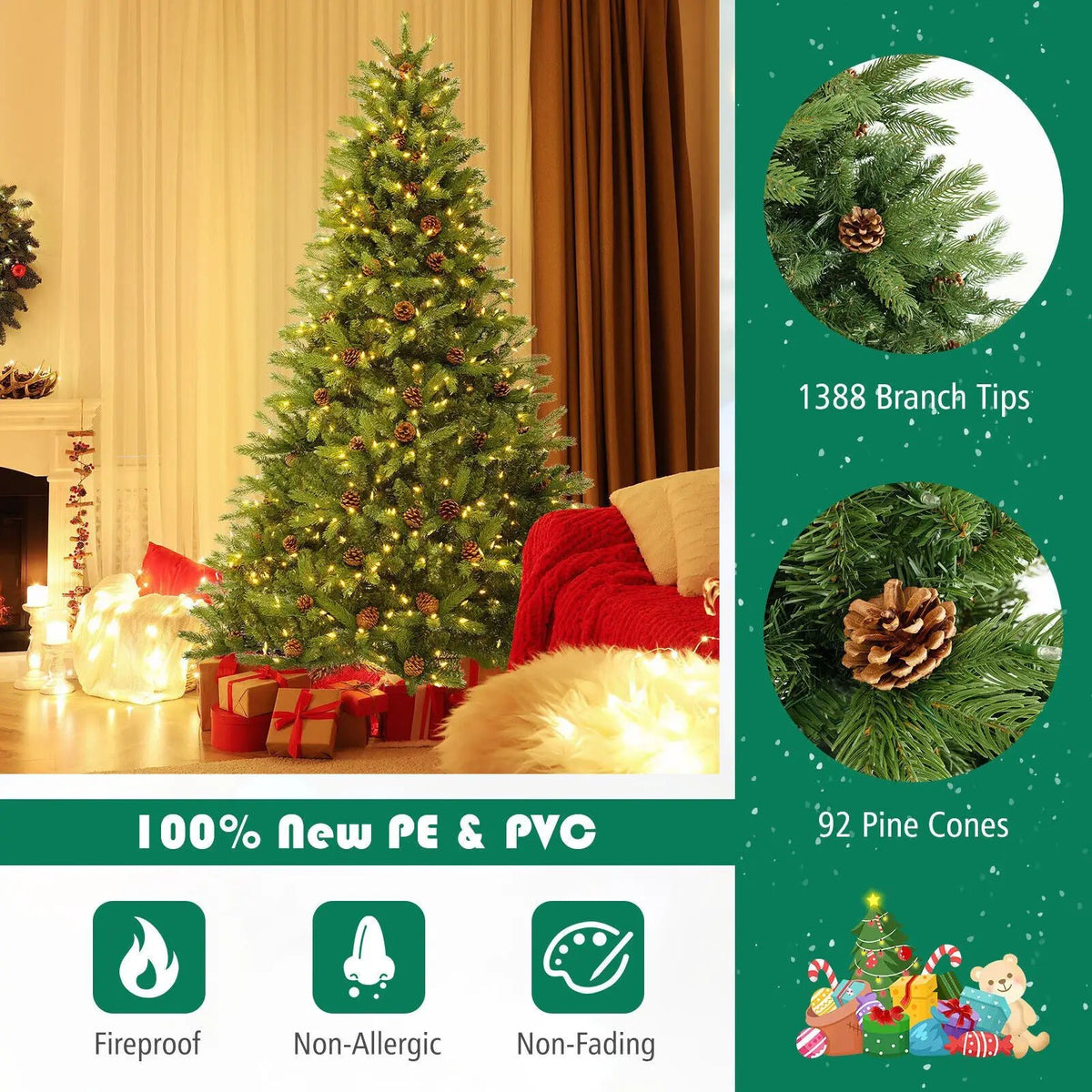 6/7 FT Artificial Christmas Tree with Pine Cones and Adjustable Brightness, photo 2 of 16
