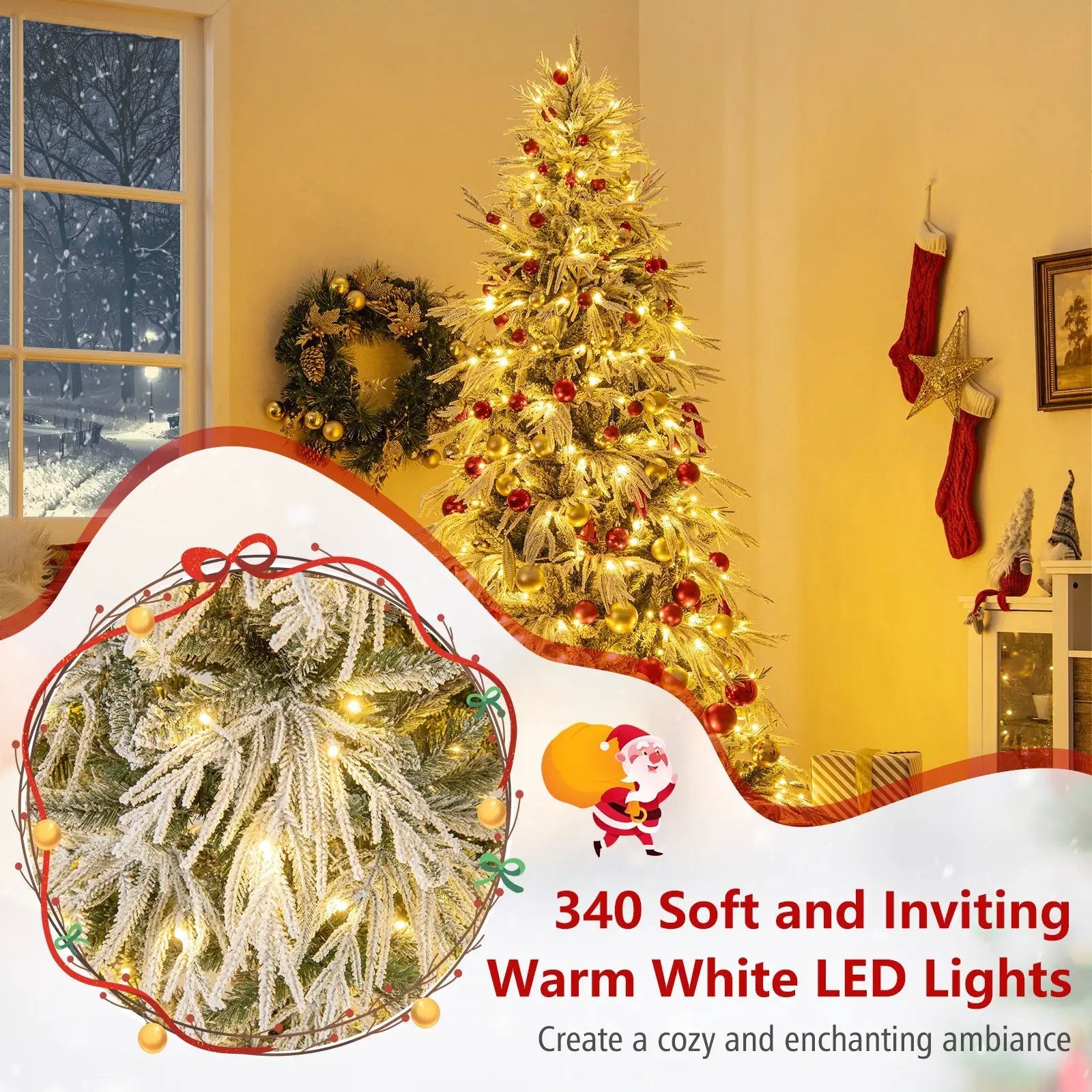 7 Feet Snow-flocked Artificial Christmas Tree Pre-lit Hinged Xmas Tree with Warm White LED Lights by DirectDeals