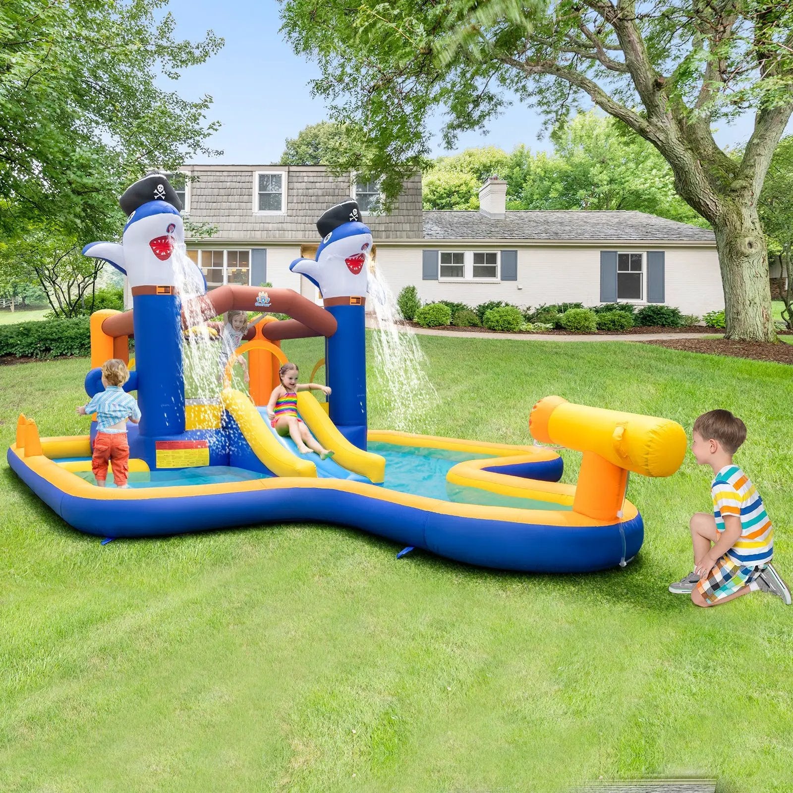 7-In-1 Water Slide Park with Splash Pool and Water Cannon with 680W Blower by DirectDeals