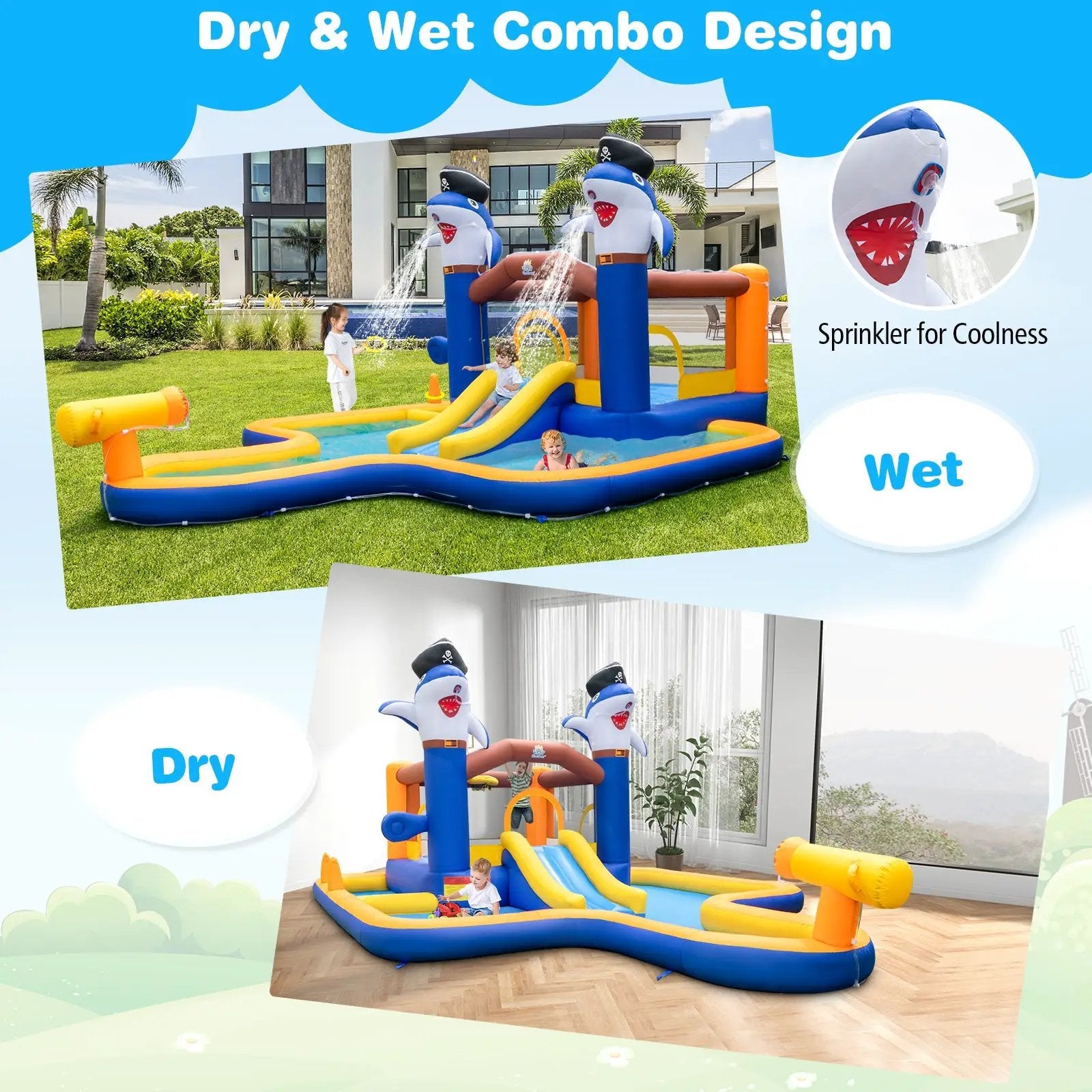 7-In-1 Water Slide Park with Splash Pool and Water Cannon with 680W Blower by DirectDeals