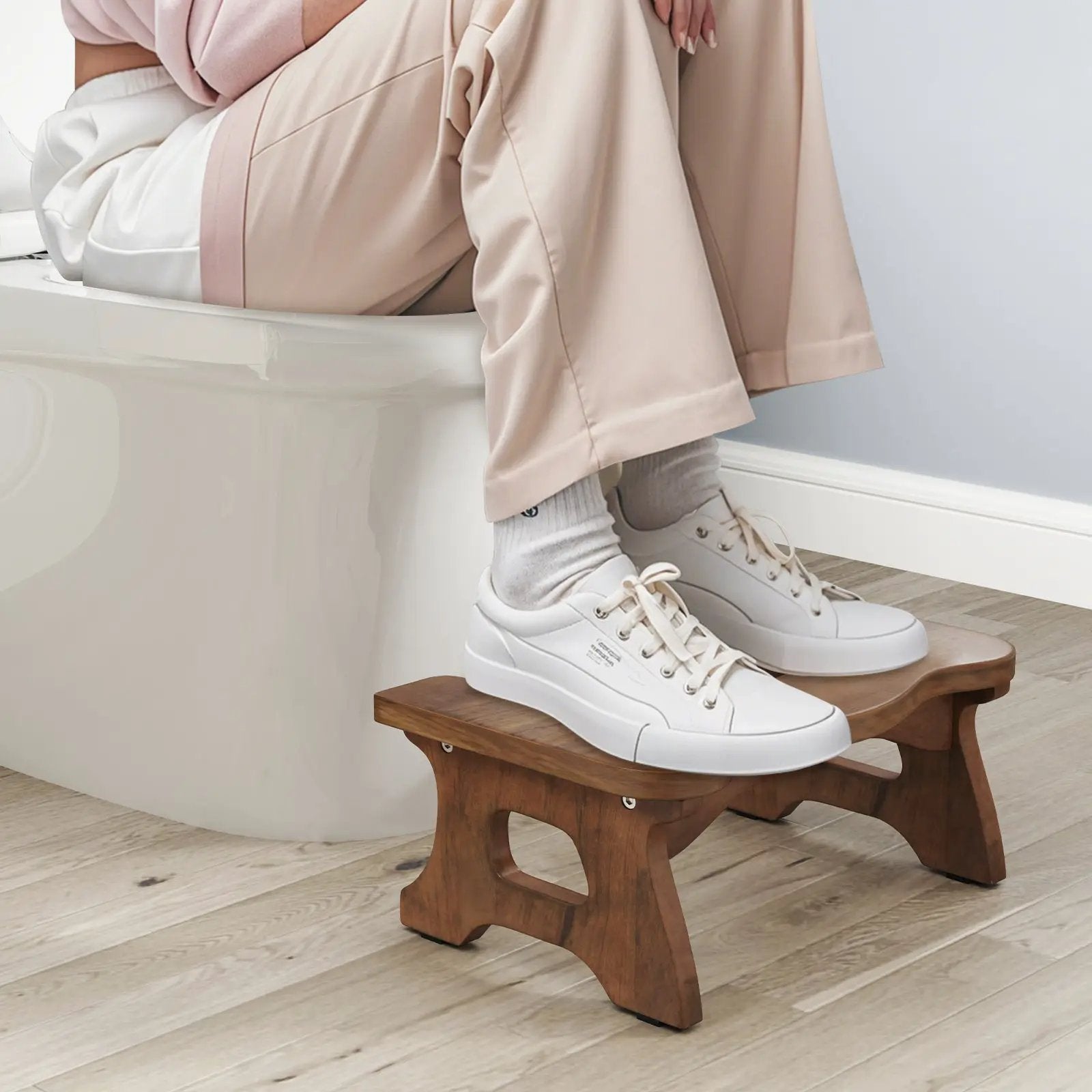 7 Inch Teak Wood Toilet Stool with Non-slip Foot Pads for Bathroom by DirectDeals
