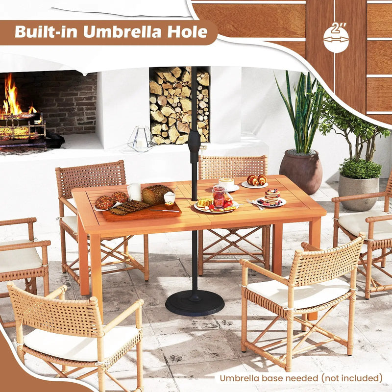 7 Pcs Outdoor Dining Set Teak Oil Finish Slatted Rectangular Dining Table and 6 Armchairs by DirectDeals