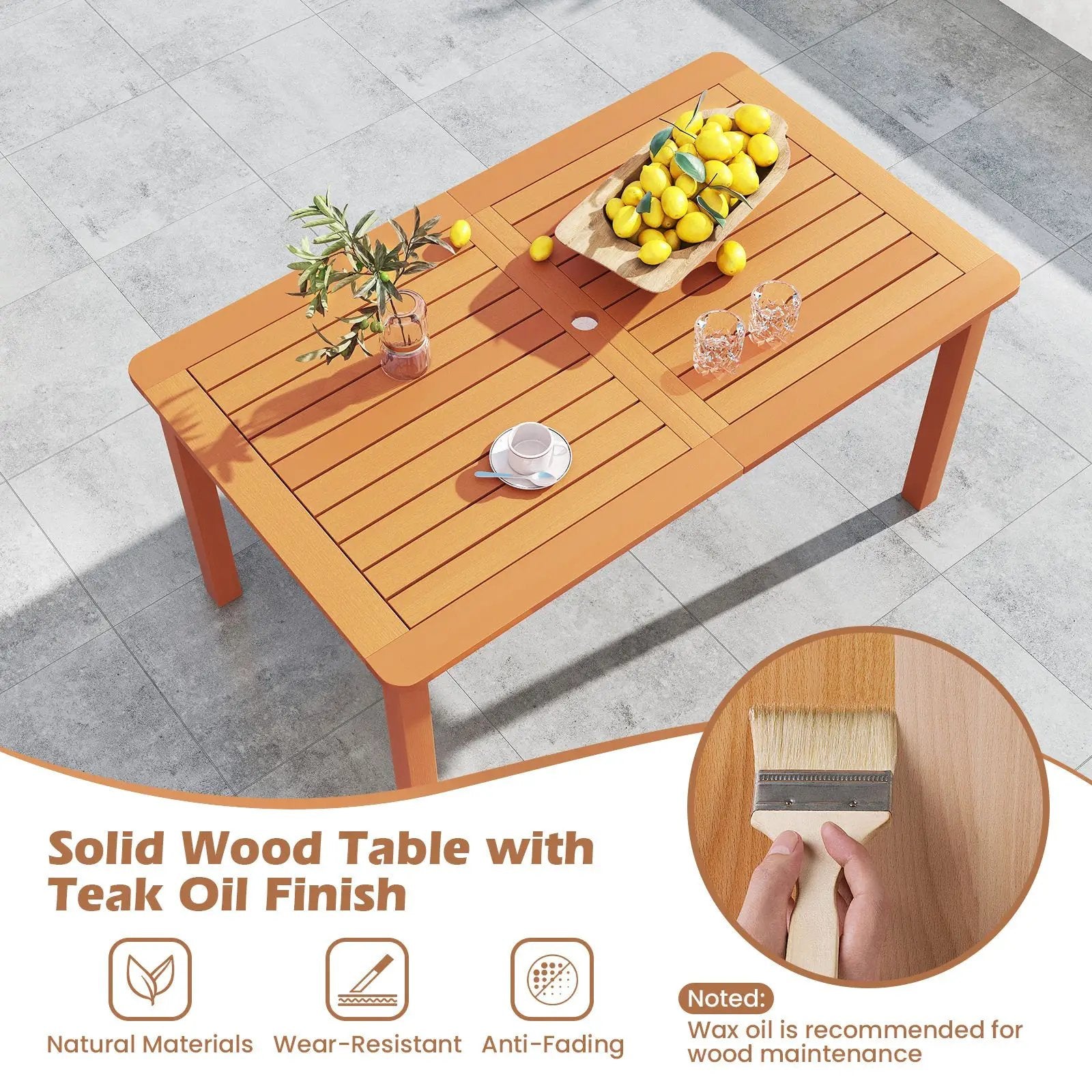 7 Pcs Outdoor Dining Set Teak Oil Finish Slatted Rectangular Dining Table and 6 Armchairs by DirectDeals