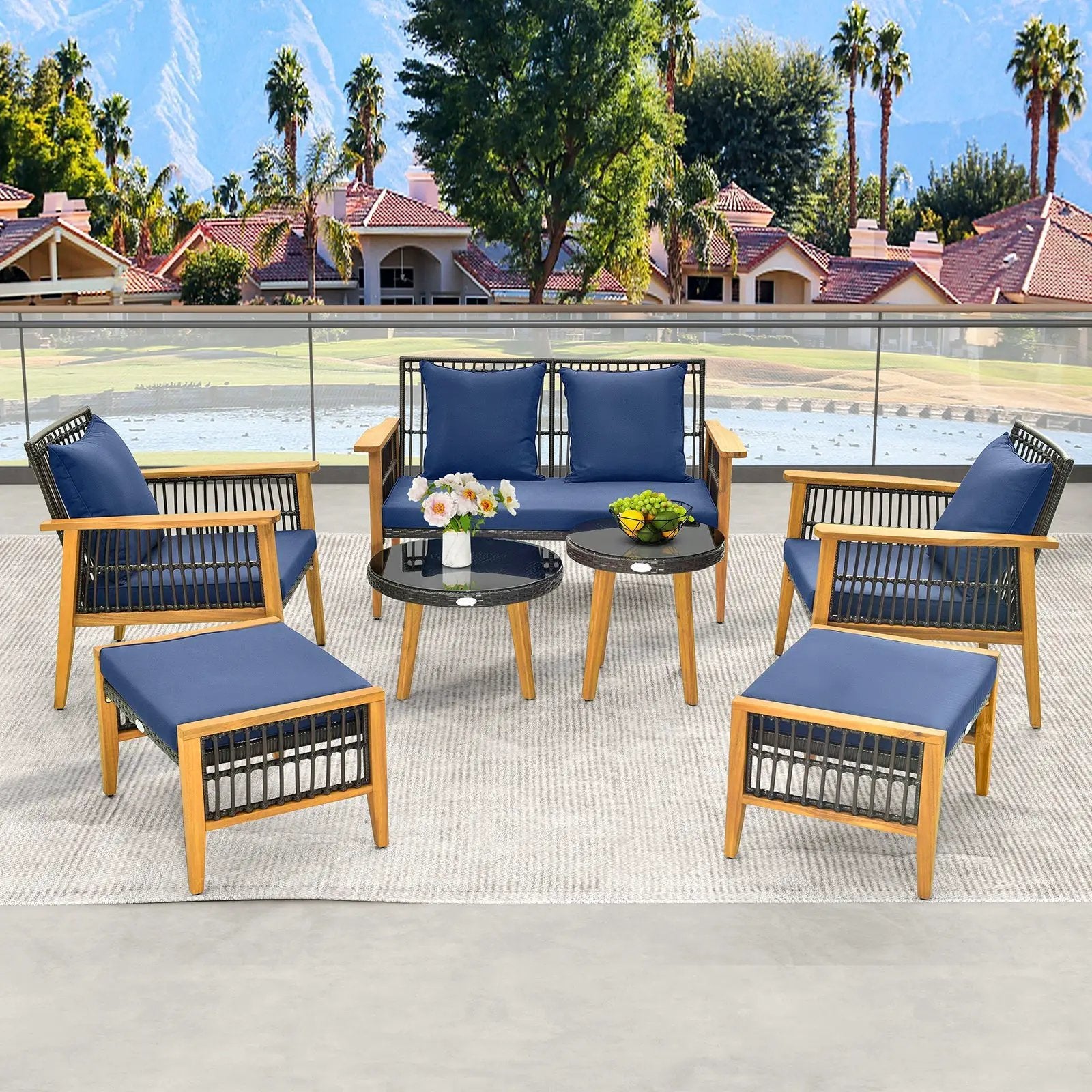 7 Piece Outdoor Conversation Set with Stable Acacia Wood Frame Cozy Seat & Back Cushions-Navy by DirectDeals