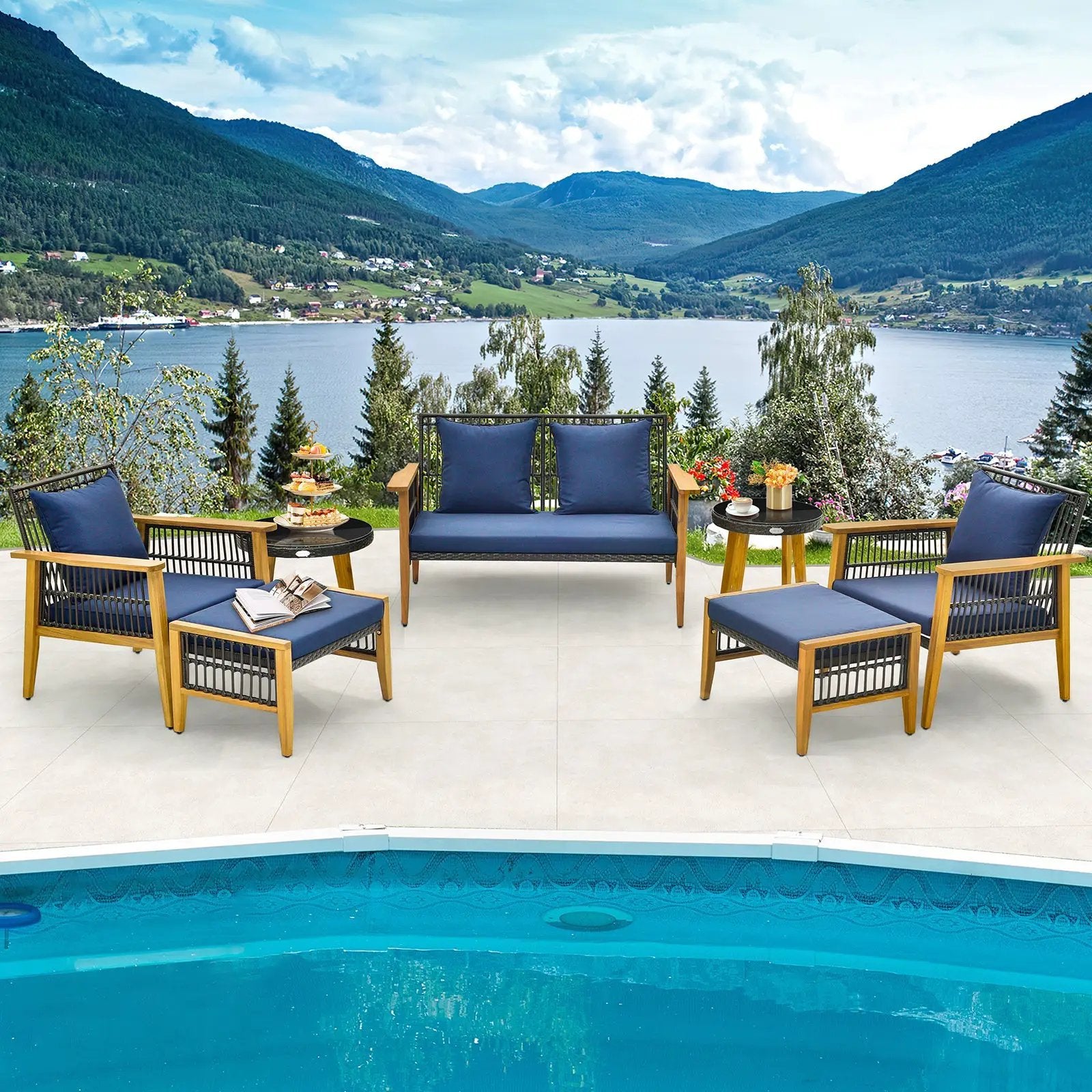 7 Piece Outdoor Conversation Set with Stable Acacia Wood Frame Cozy Seat & Back Cushions-Navy by DirectDeals