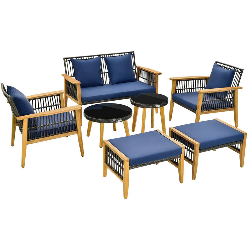 7 Piece Outdoor Conversation Set with Stable Acacia Wood Frame Cozy Seat & Back Cushions-Navy by DirectDeals