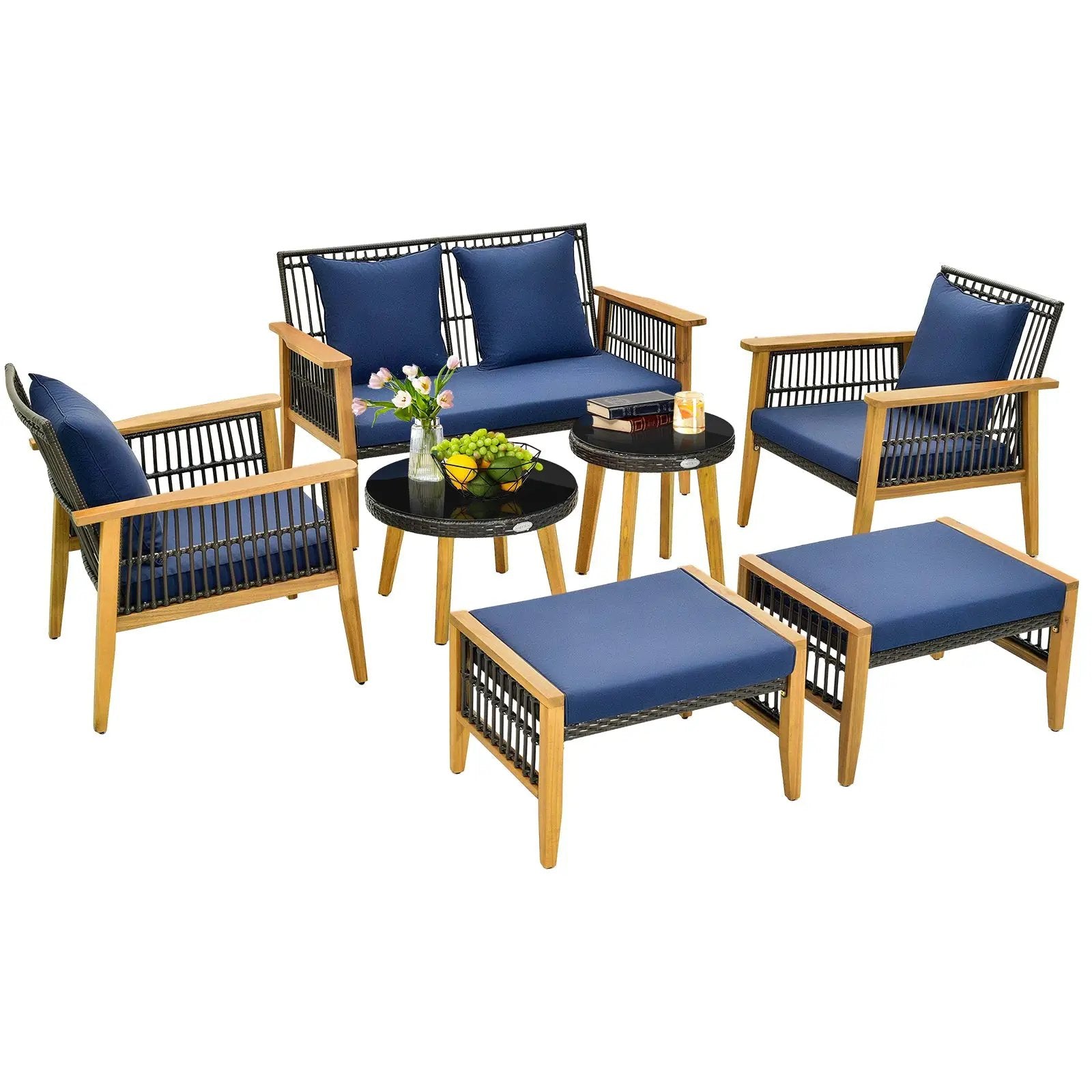 7 Piece Outdoor Conversation Set with Stable Acacia Wood Frame Cozy Seat & Back Cushions-Navy by DirectDeals