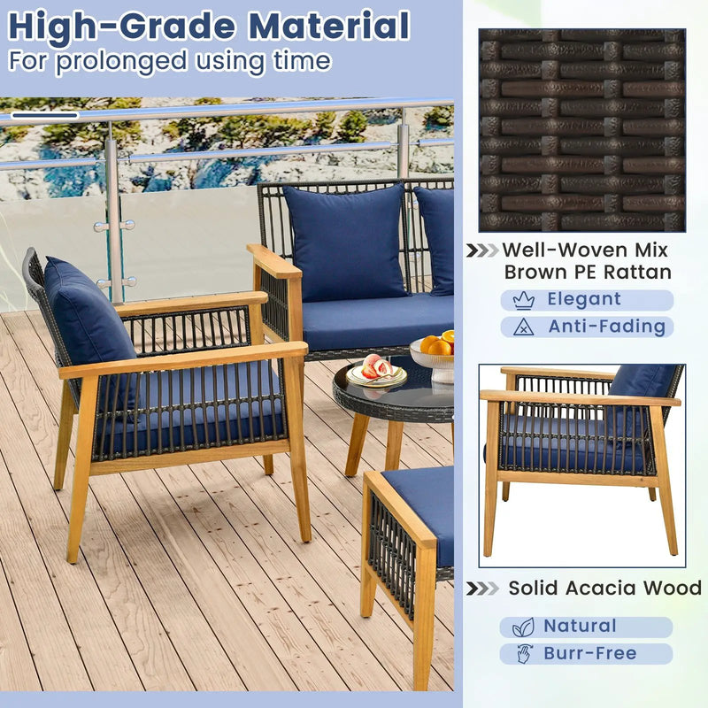 7 Piece Outdoor Conversation Set with Stable Acacia Wood Frame Cozy Seat & Back Cushions-Navy by DirectDeals
