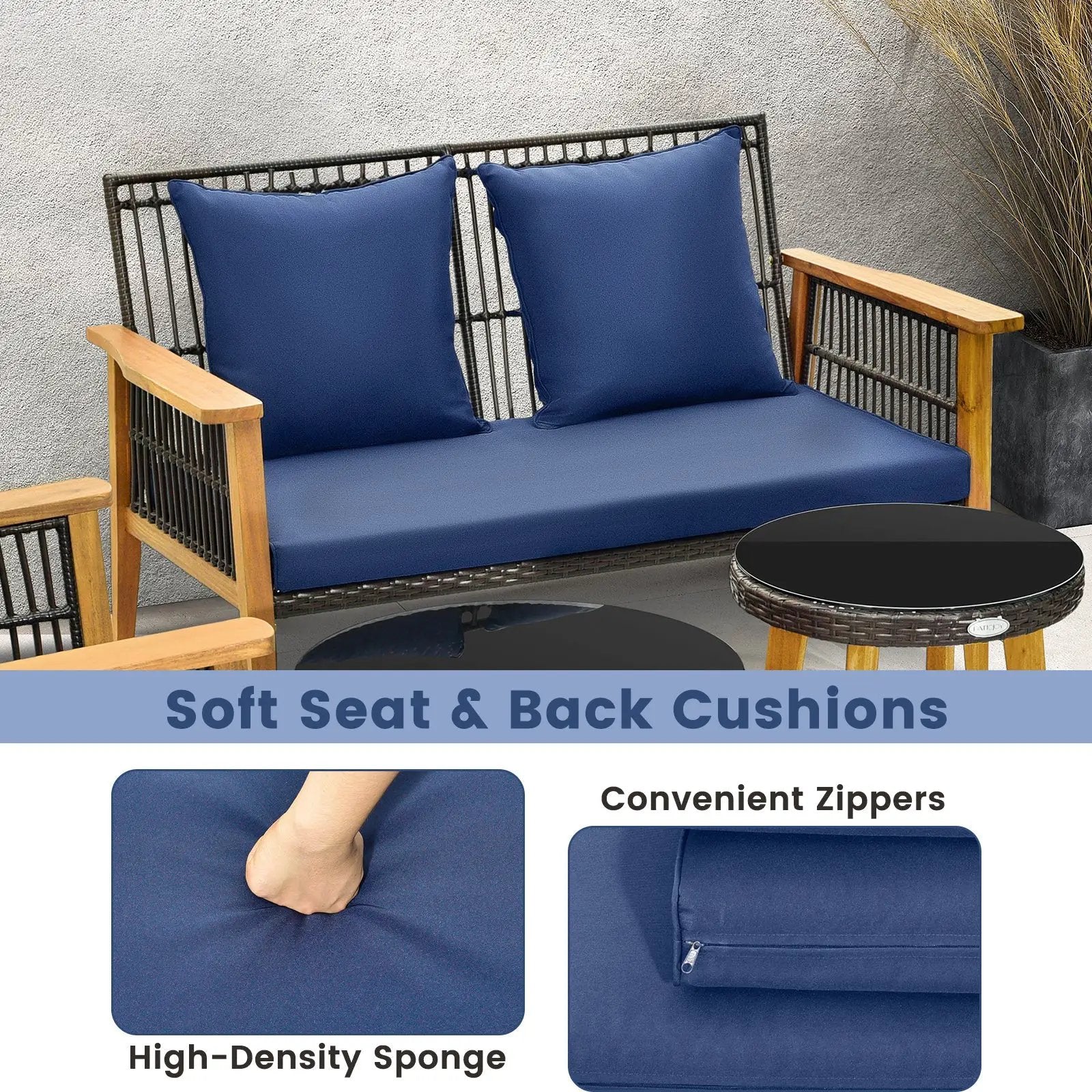 7 Piece Outdoor Conversation Set with Stable Acacia Wood Frame Cozy Seat & Back Cushions-Navy by DirectDeals