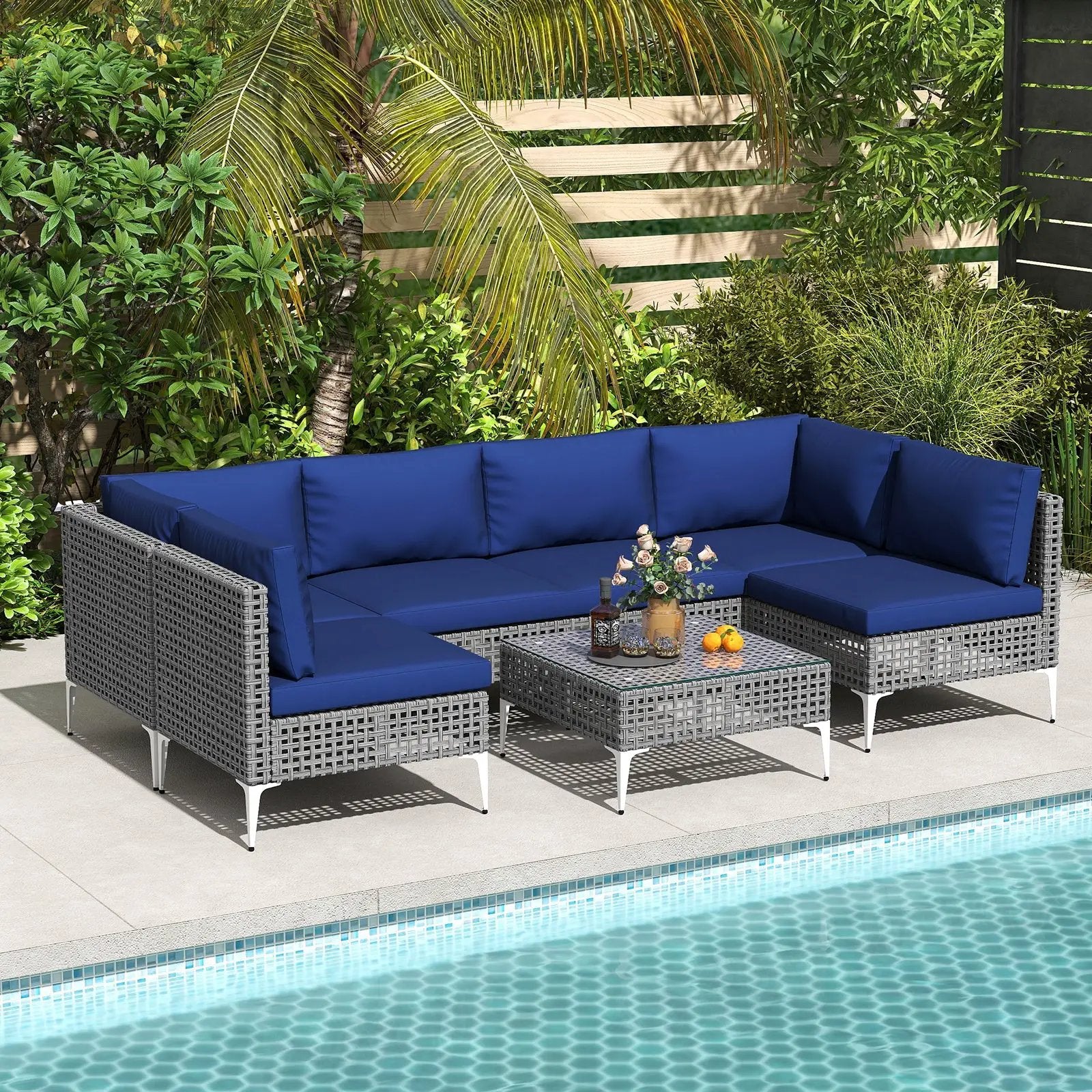 7 Piece Outdoor Furniture Set Wicker Chairs with Tempered Glass Coffee Table-Navy by DirectDeals
