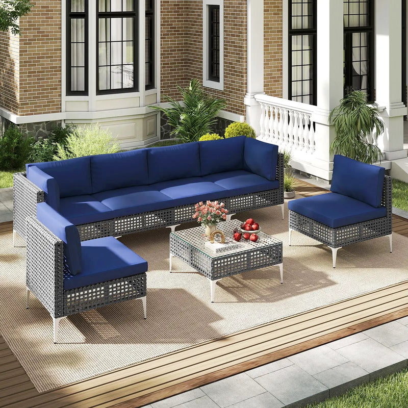 7 Piece Outdoor Furniture Set Wicker Chairs with Tempered Glass Coffee Table-Navy by DirectDeals