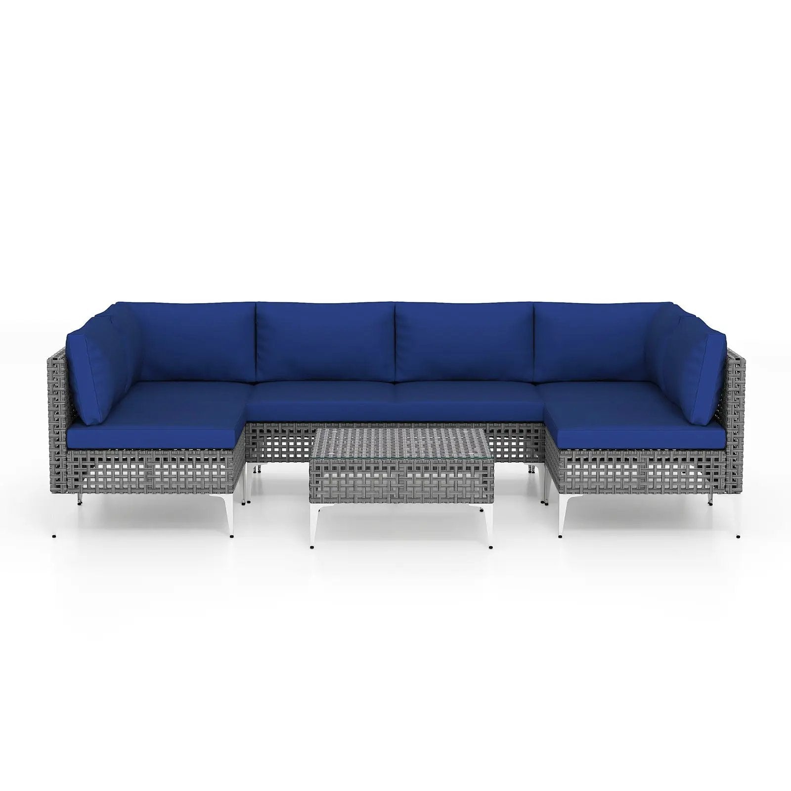 7 Piece Outdoor Furniture Set Wicker Chairs with Tempered Glass Coffee Table-Navy by DirectDeals