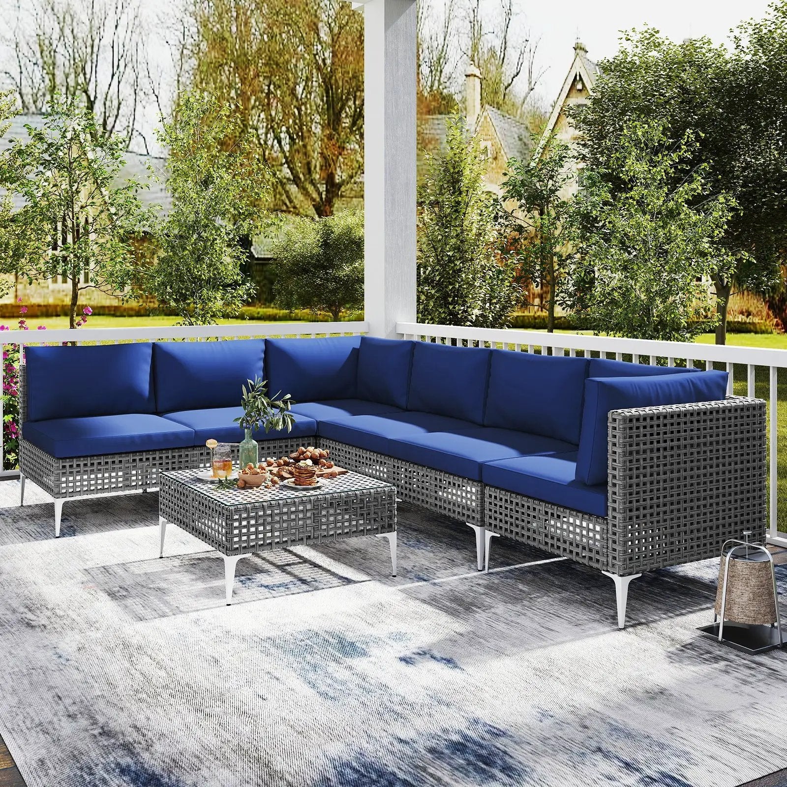 7 Piece Outdoor Furniture Set Wicker Chairs with Tempered Glass Coffee Table-Navy by DirectDeals