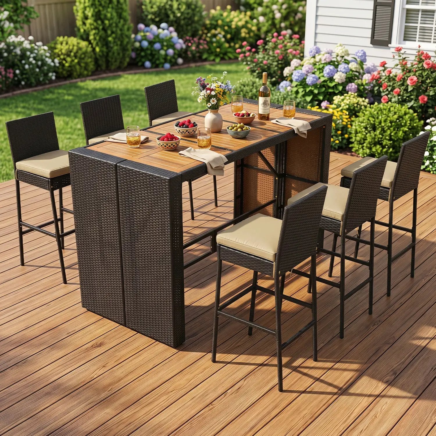 7-Piece Outdoor Wicker Bar Set with Acacia Wood Table & Stools by DirectDeals