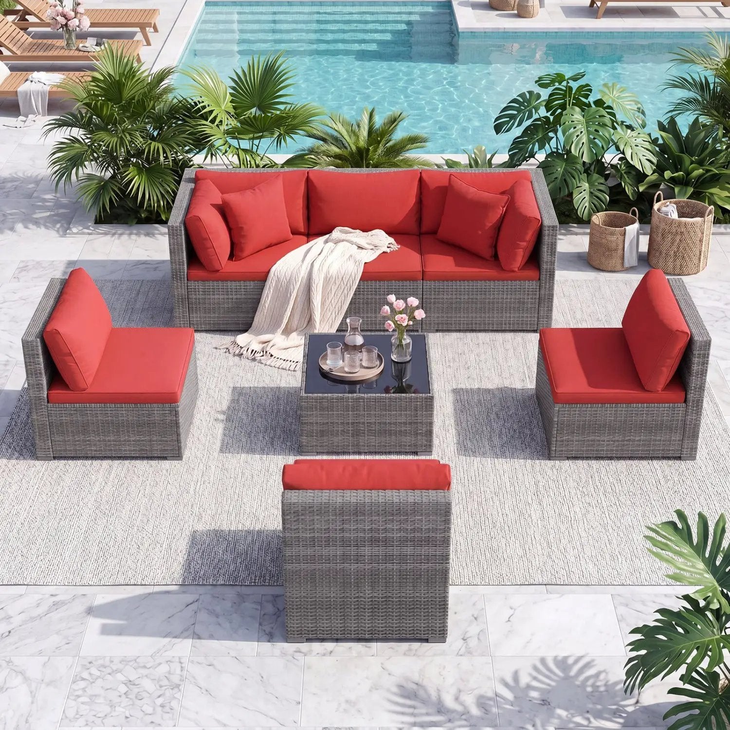7-Piece Patio Conversation Set with Glass Table & Cushions by DirectDeals