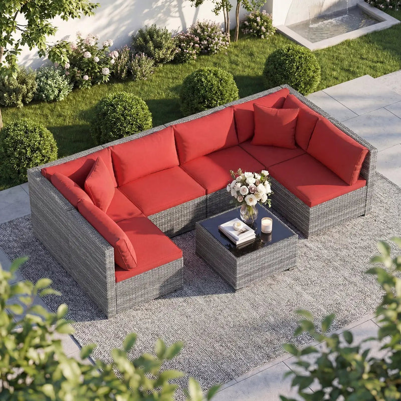 7-Piece Patio Conversation Set with Glass Table & Cushions by DirectDeals