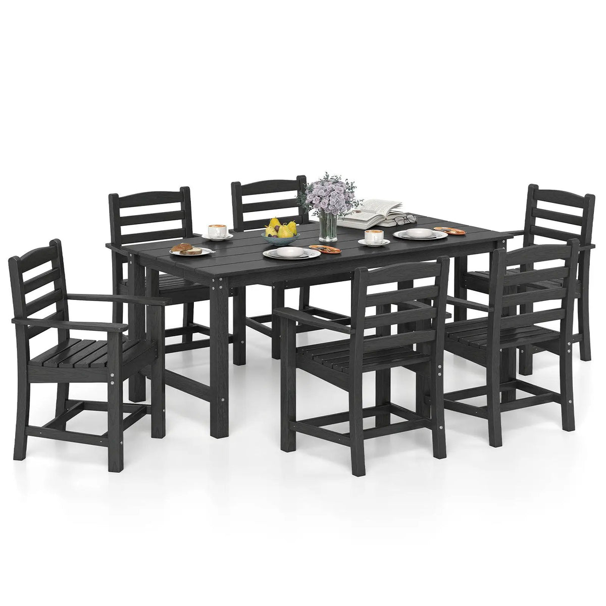 7 Pieces Outdoor Dining Table Set for 6 People 67 Inch HDPE Patio Rectangle Table and 6 Armchairs, photo 7 of 16