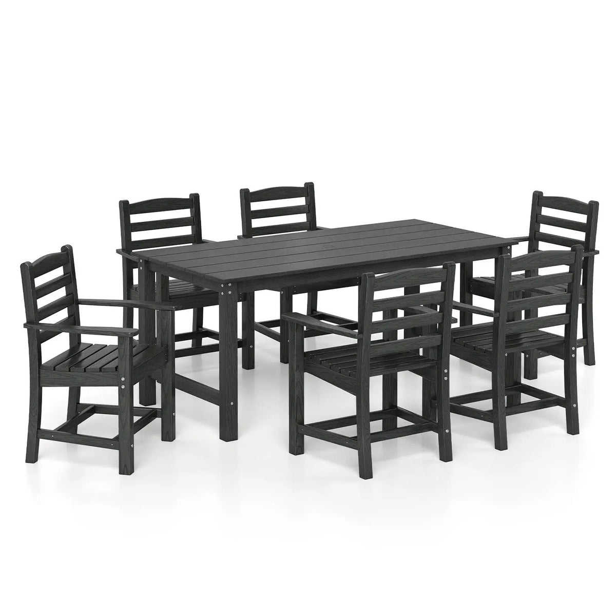7 Pieces Outdoor Dining Table Set for 6 People 67 Inch HDPE Patio Rectangle Table and 6 Armchairs, photo 5 of 16