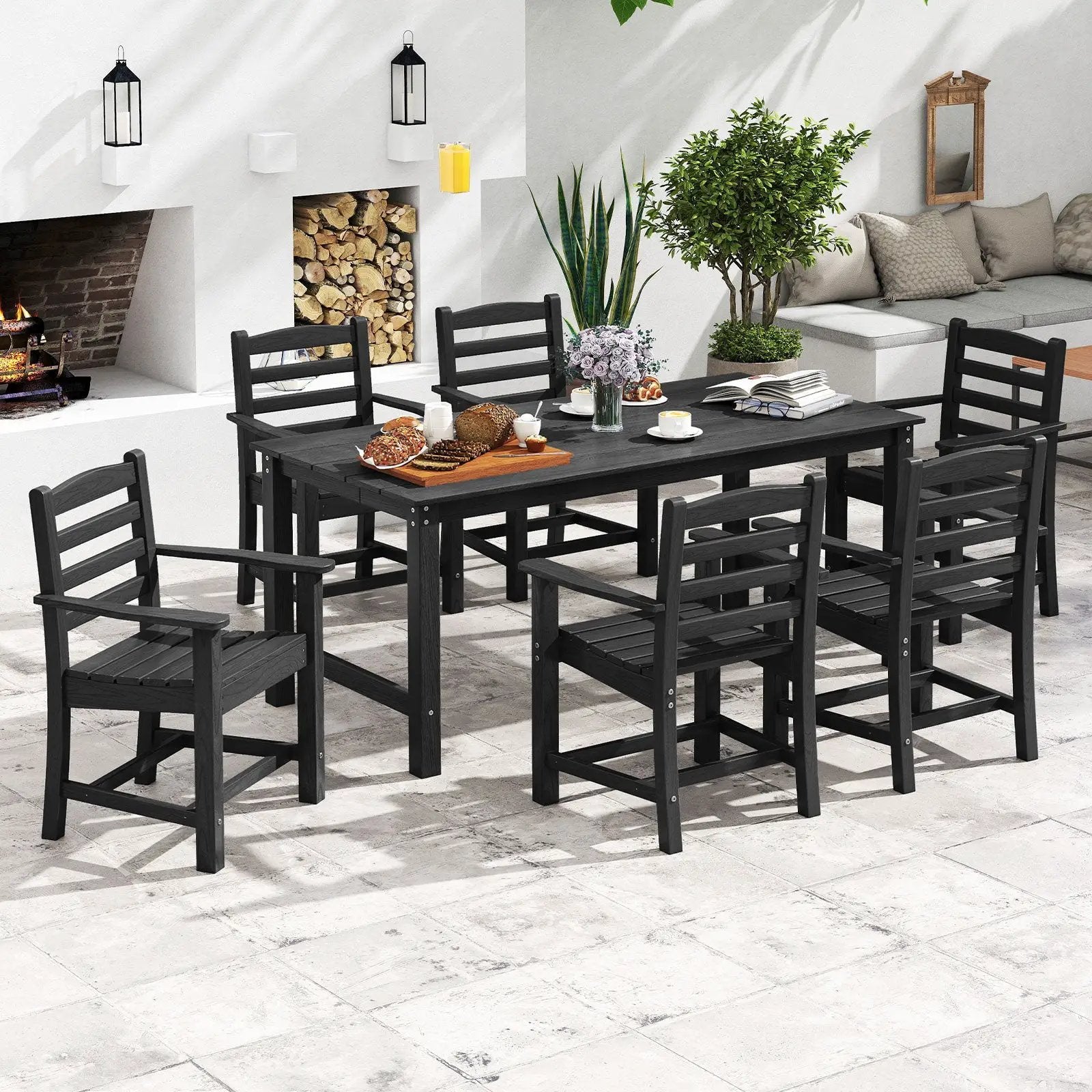 7 Pieces Outdoor Dining Table Set for 6 People 67 Inch HDPE Patio Rectangle Table and 6 Armchairs by DirectDeals